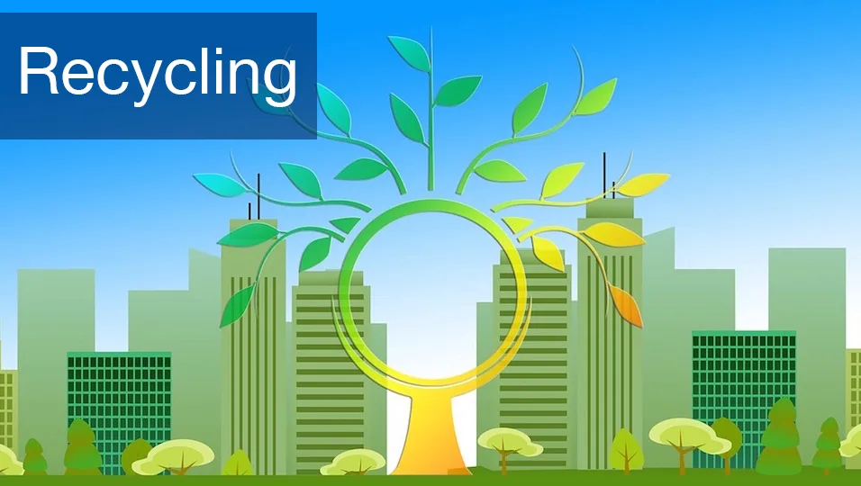Green cityscape with stylized tree and circular yellow symbol, leaves sprouting upward, illustrating recycling and sustainability