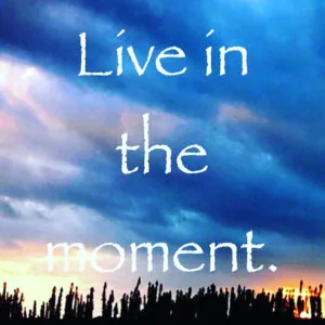 White text reading 'Live in the moment' over dramatic blue sky with golden sunset and dark tree silhouettes