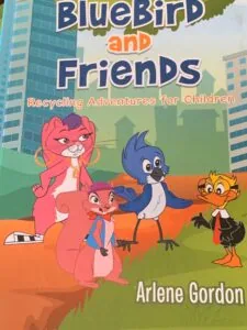 Children's book cover showing animated animal characters in a city setting with title Bluebird and Friends