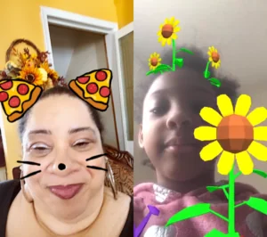 Two selfies with animated stickers: left shows person with pizza slice bow and cat whiskers, right shows person with sunflowers around head