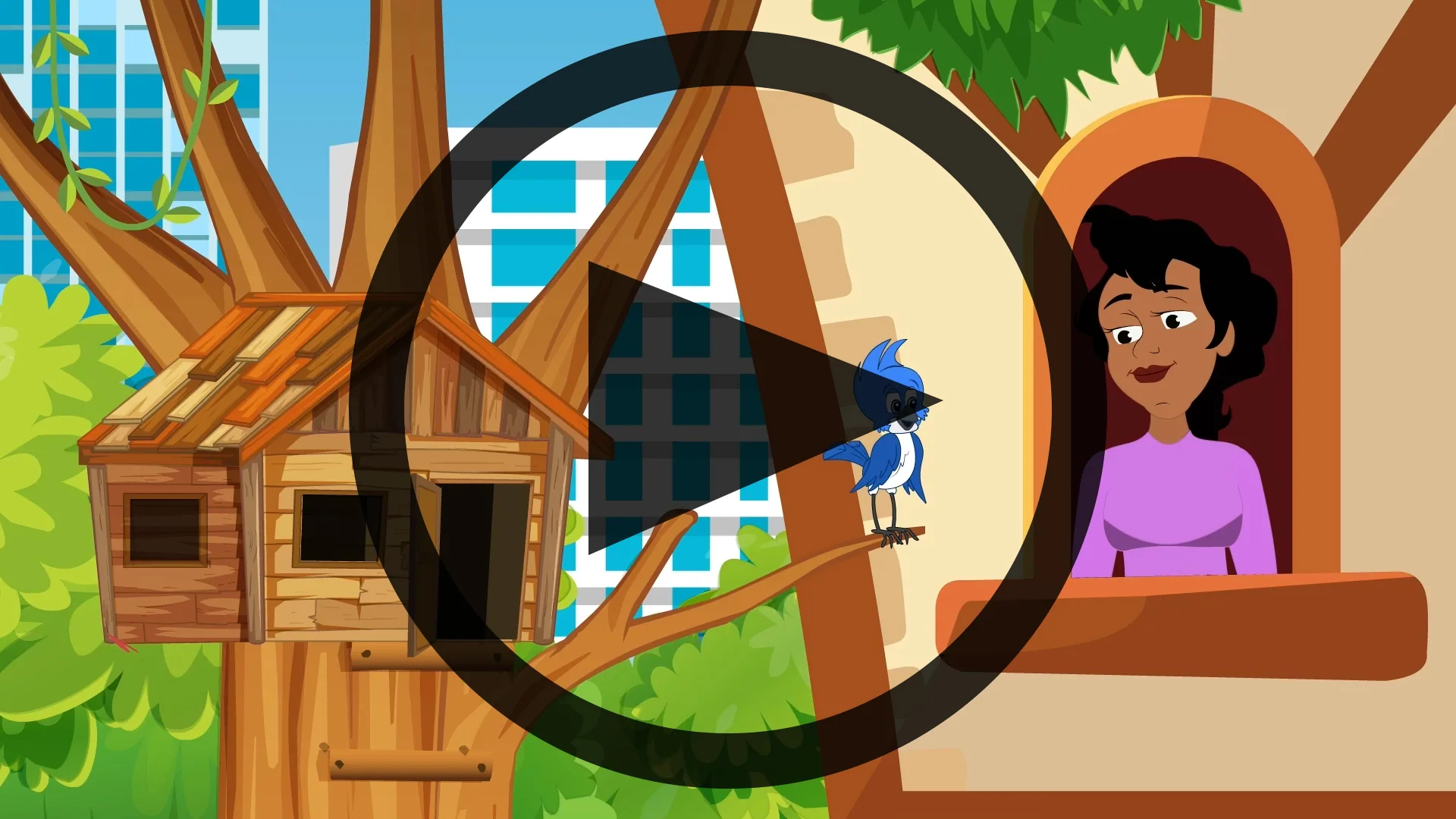 Woman looking out from treehouse window while blue jay perches on branch with large circular frame